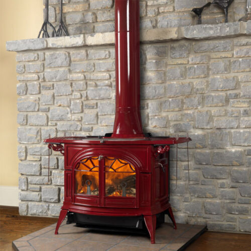 VERMONT DEFIANT TWO IN ONE WOOD STOVE IN BORDEAUX ENAMEL