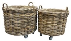 GLENWEAVE 2 ROUND BASKETS WITH WHEELS AND HESSIAN LINER 2 X 2 WEAVE IN NATURAL