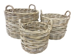 GLENWEAVE 3 ROUND BASKETS WITH EAR HANDLES 2 X 2 WEAVE IN GREY