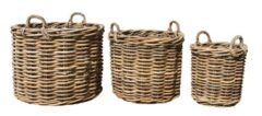 GLENWEAVE 3 ROUND BASKETS WITH EAR HANDLES NATURAL 45 X 47, 65 X 55, 80 X 60HCM