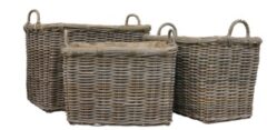 GLENWEAVE 3 RECTANGLE BASKETS EAR HANDLES & REMOVABLE HESSIAN LINER IN GREY