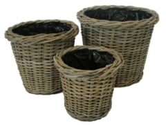 GLENWEAVE  SET OF 3 ROUND PLANTERS WITH PLASTIC LINER IN GREY